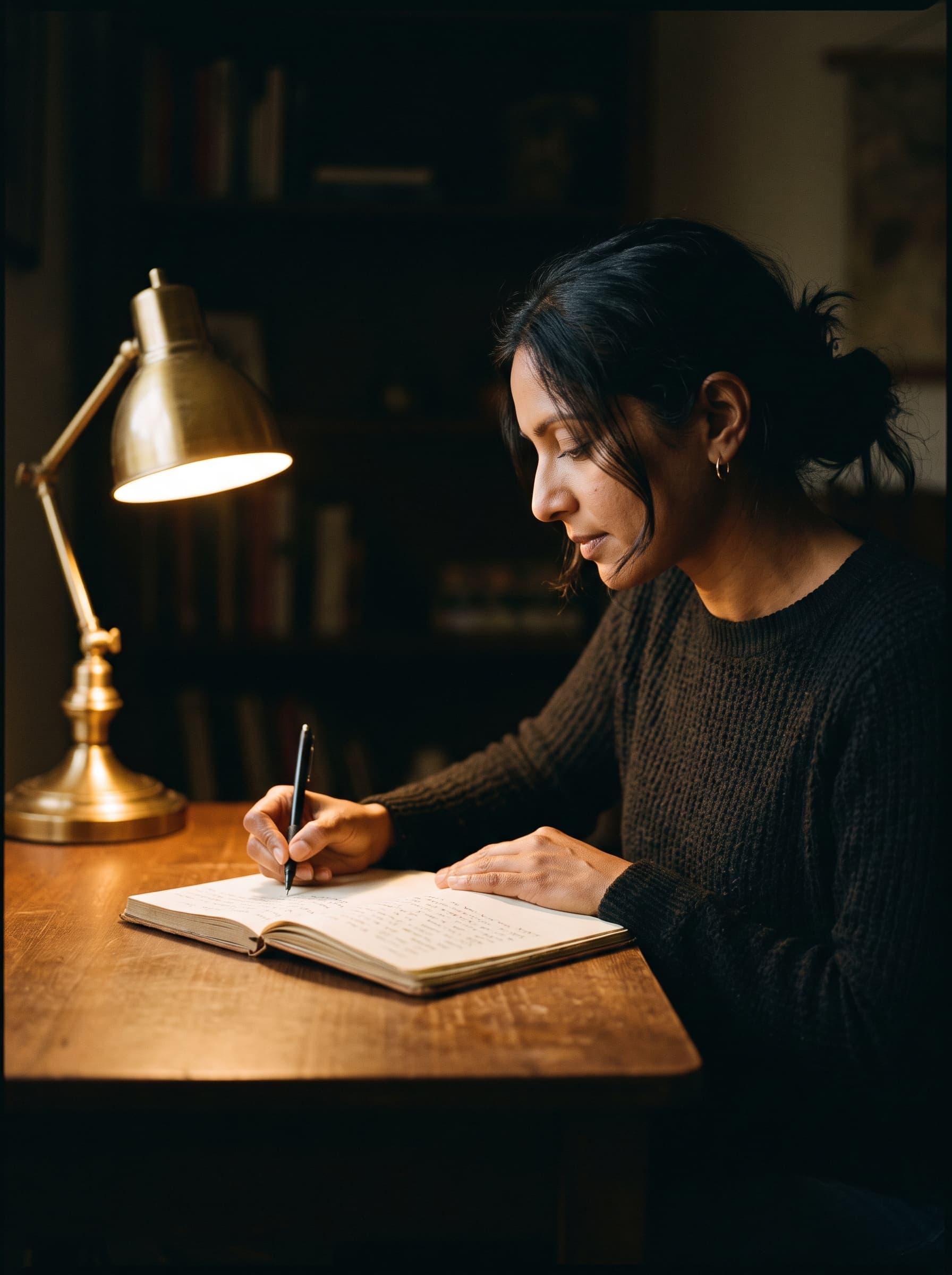 KarmaGuide writing by warm lamp light