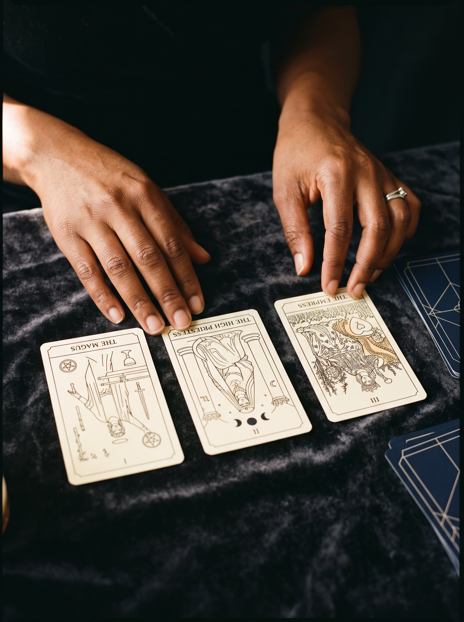 Hands laying out tarot cards on a dark surface